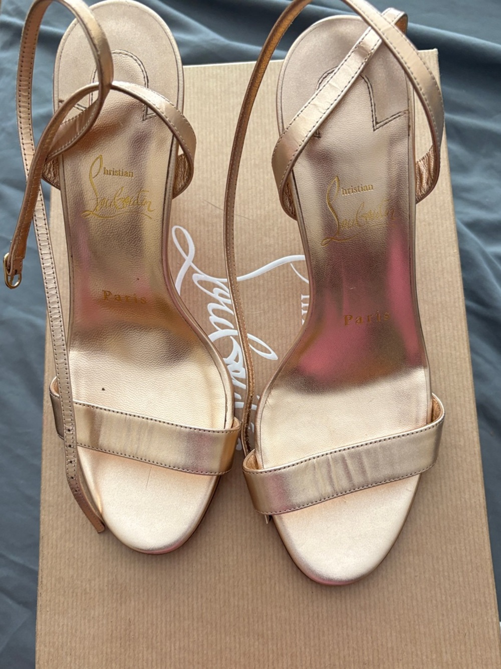 Christian Louboutin Metallic Rose Gold Strappy Ankle Sandals